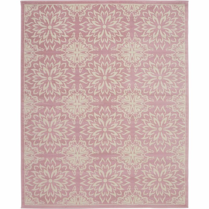 Ivory and Pink Floral Viscose Rectangular Area Rug 7' x 10'