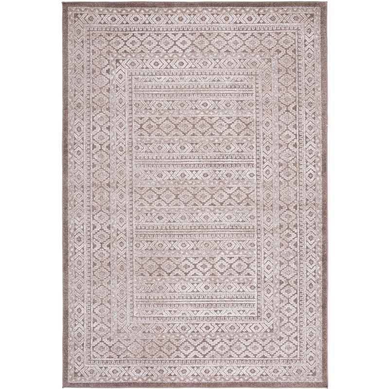 Ivory and Brown Geometric Hand-Knotted Synthetic Rug