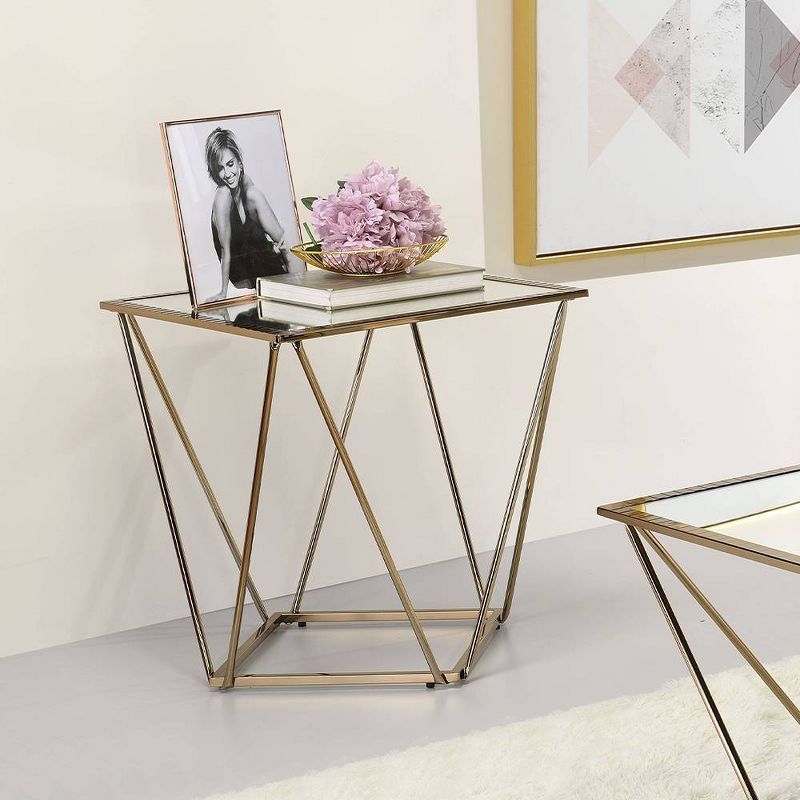 22" Mirrored Champagne Gold Geometric Metal End Table