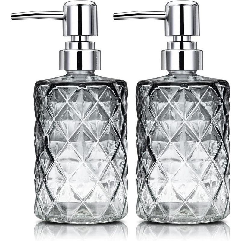 2 Pack Diamond Cut Glass Soap Dispenser with Stainless Steel Pump