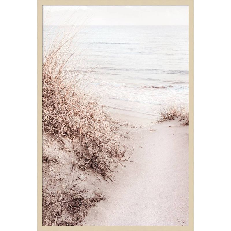 Serene Ocean View Light Brown Wood Framed Vertical Wall Art Print