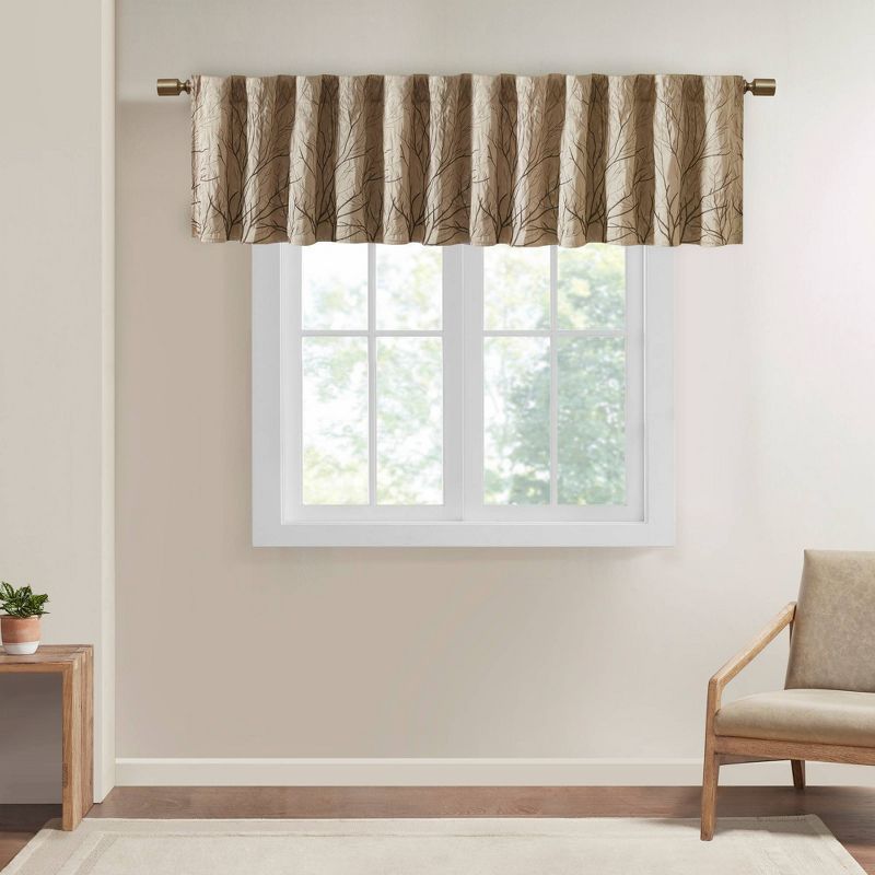 Tan Faux Silk Embroidered Window Valance with Rod Pocket