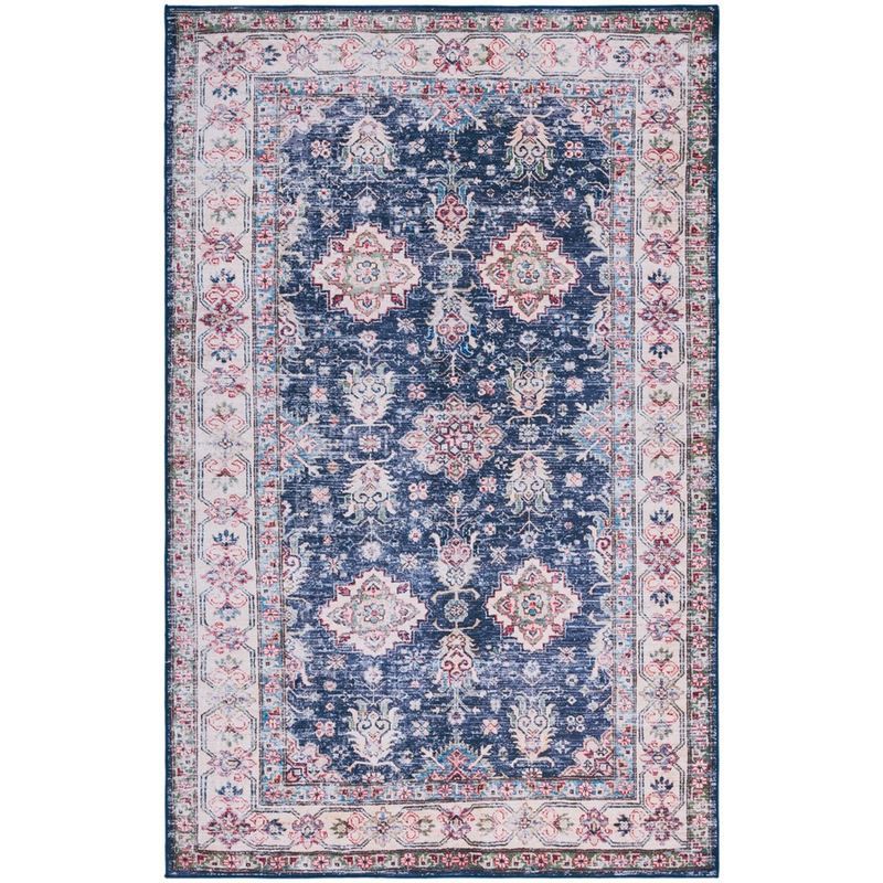 Navy and Beige 6' x 9' Synthetic Washable Area Rug