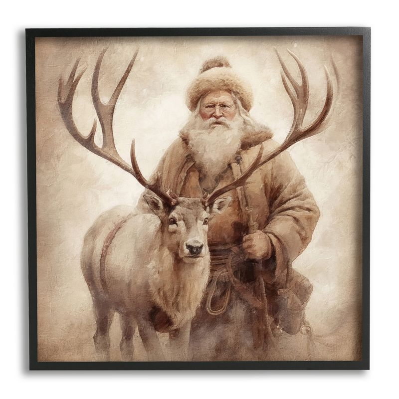 Traditional Santa and Reindeer Christmas Canvas Art in Black Frame