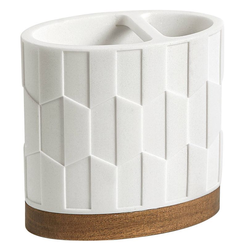 White Resin and Wood Geometric Toothbrush Holder