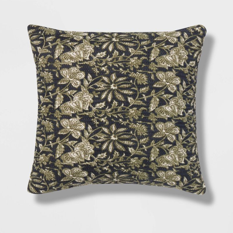 Navy Green Cream Floral Cotton Square Throw Pillow