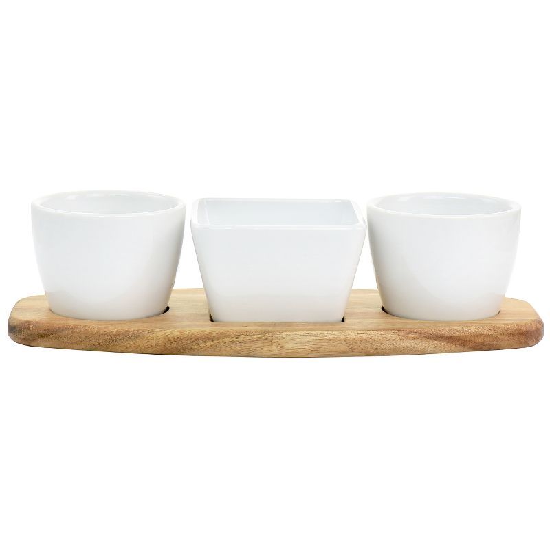 White Ceramic Tidbit Dish Set with Acacia Wood Base