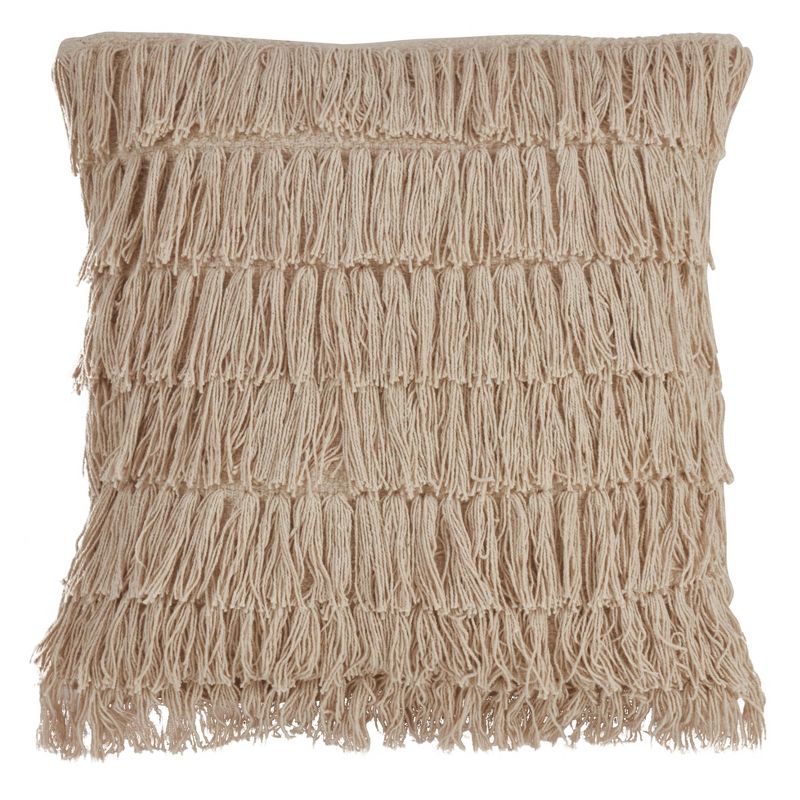 Beige Cotton Woven Fringes Square Throw Pillow