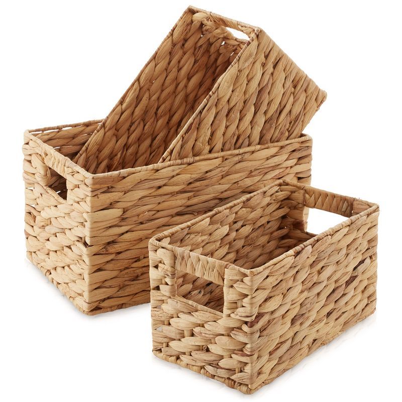 Set of 3 Natural Wicker Rectangular Storage Baskets with Handles