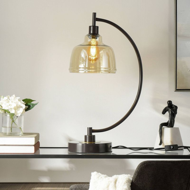 Black Arc Table Lamp with Glass Pendant Shade