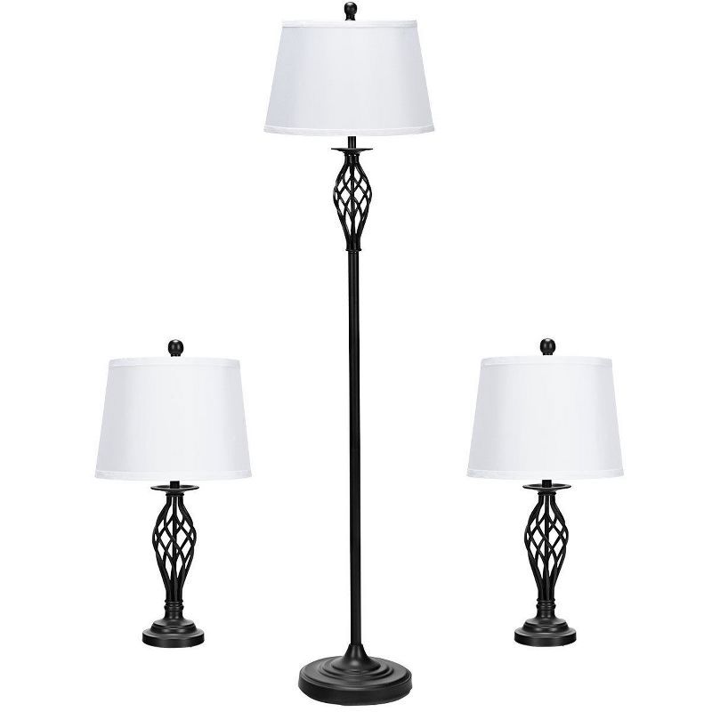 Antique Bronze 3-Piece Lamp Set with White Fabric Shades