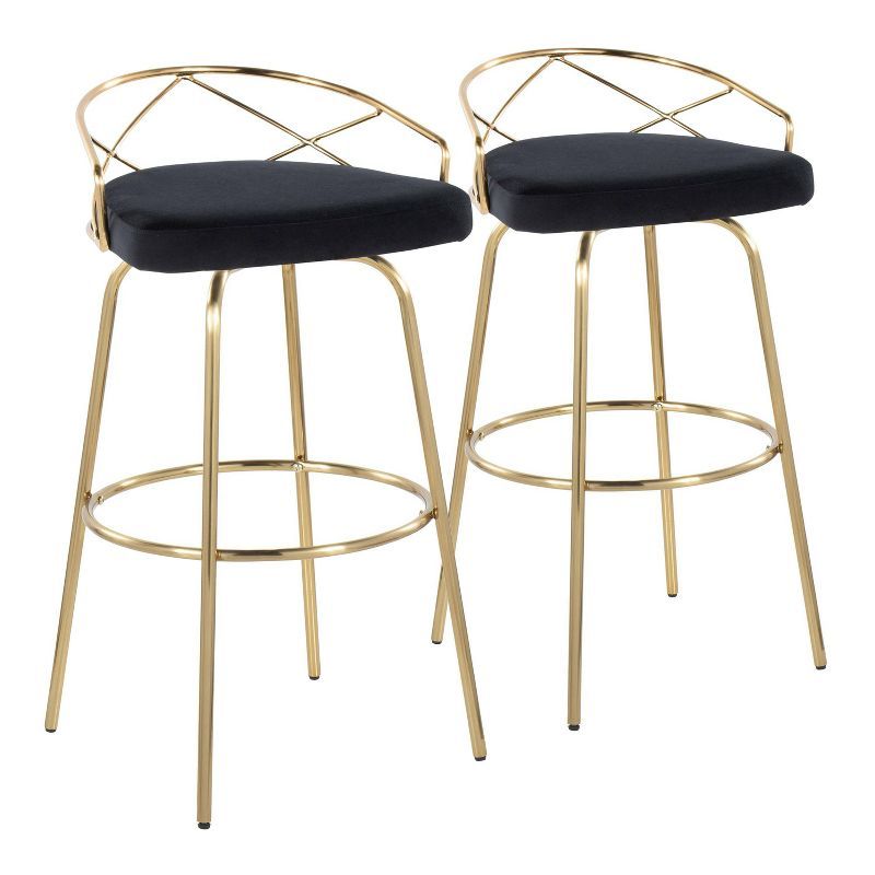 Charlotte 30" Black Velvet and Gold Metal Swivel Barstool