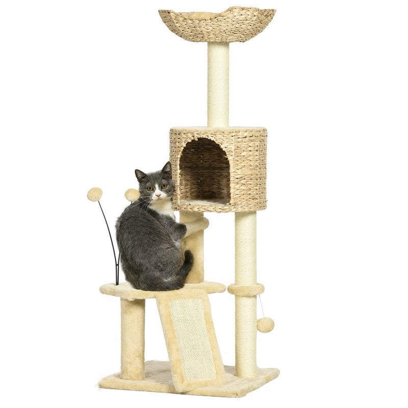 Beige Sisal Cat Tree with Hammock and Condo