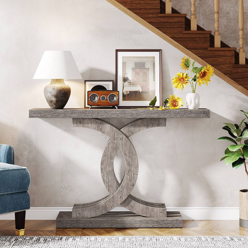 Gray 39-Inch Wooden Console Table with Geometric Base