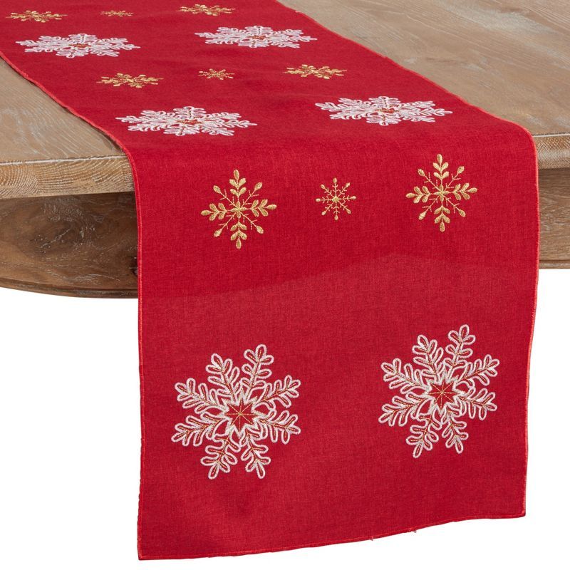 Red Embroidered Snowflake Polyester Holiday Table Runner