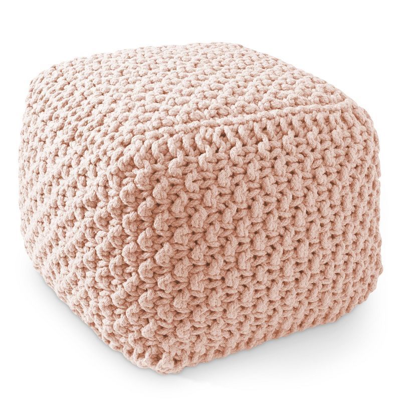Light Pink Cotton Knit Square Pouf Ottoman, 18.5" x 18.5" x 14.5"