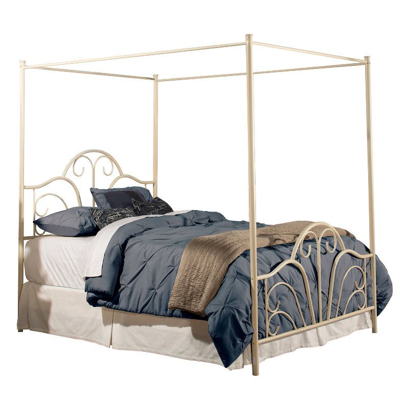 Cream Metal Frame Queen Bed with Scroll Headboard