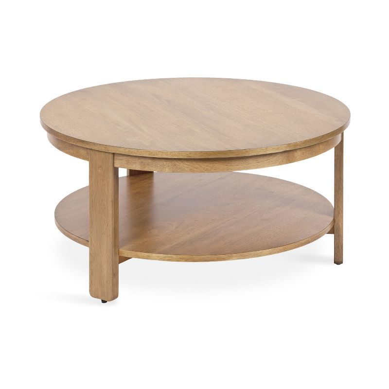 Natural Brown Round Wood and Metal Coffee Table with Storage