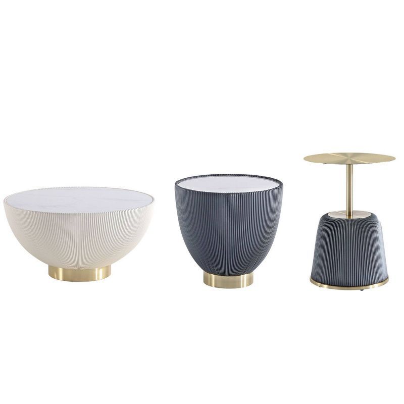 Modern Cream and Gray Leatherette Accent Table Set with Gold Detailing