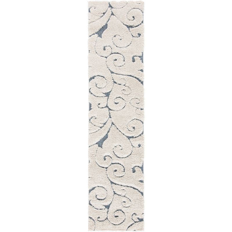 Cream and Light Blue Floral Shag Runner Rug