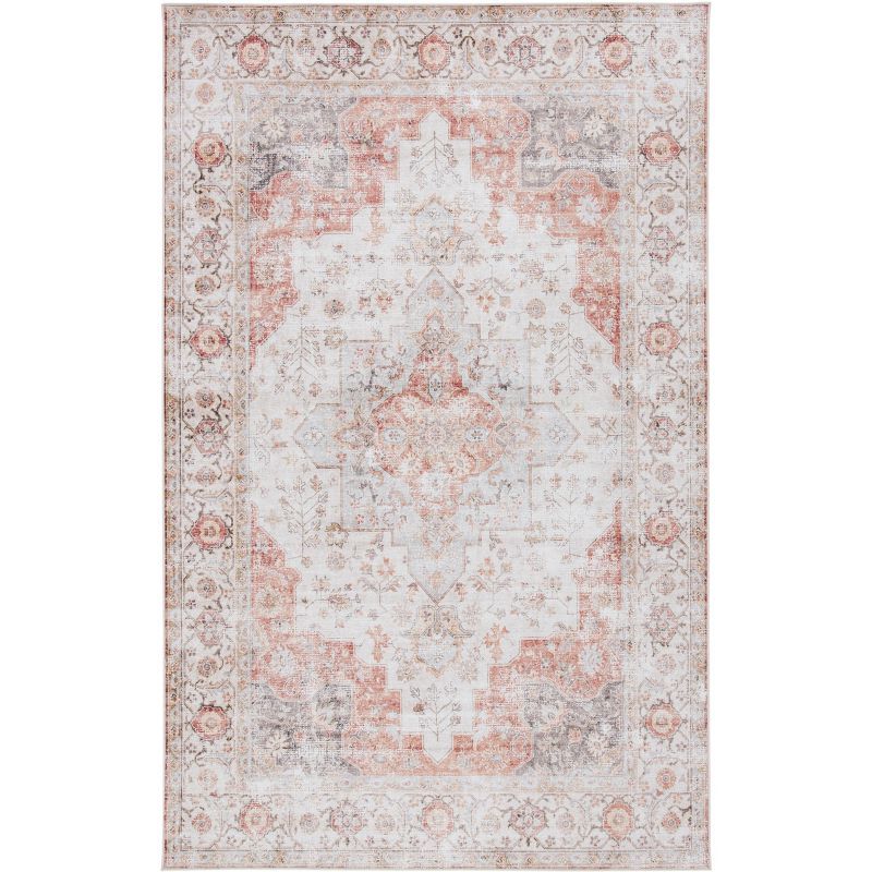 Elegant 5' Square Light Grey & Rust Synthetic Area Rug