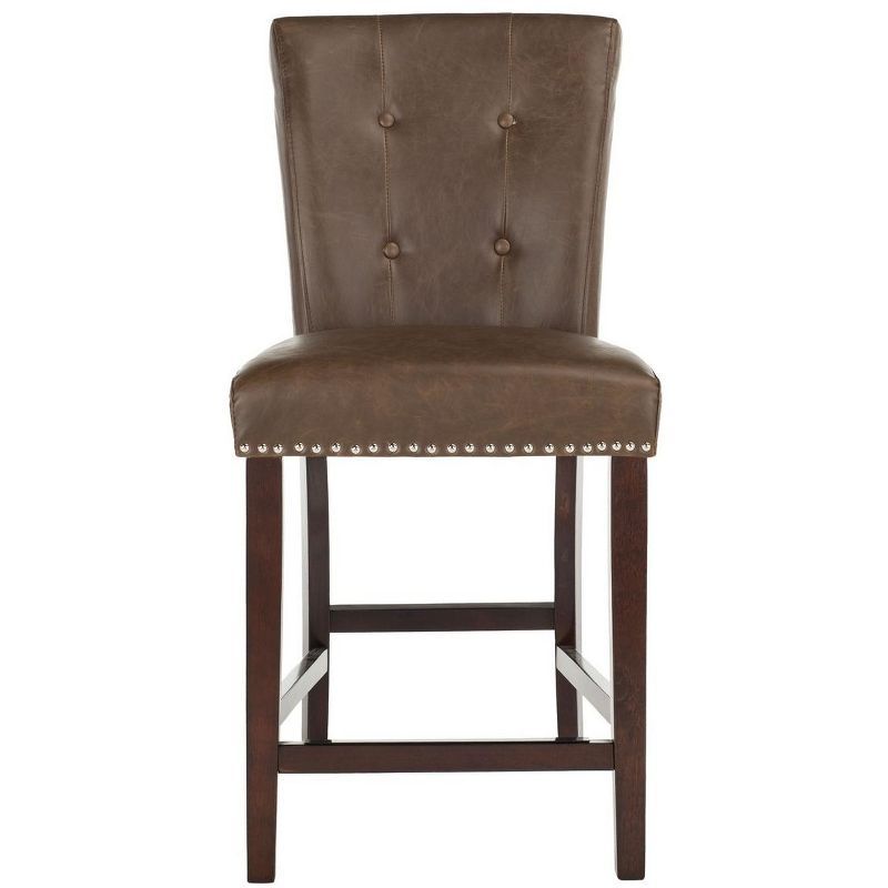 Transitional Tufted Brown Leather Counter Stool - Set of 2