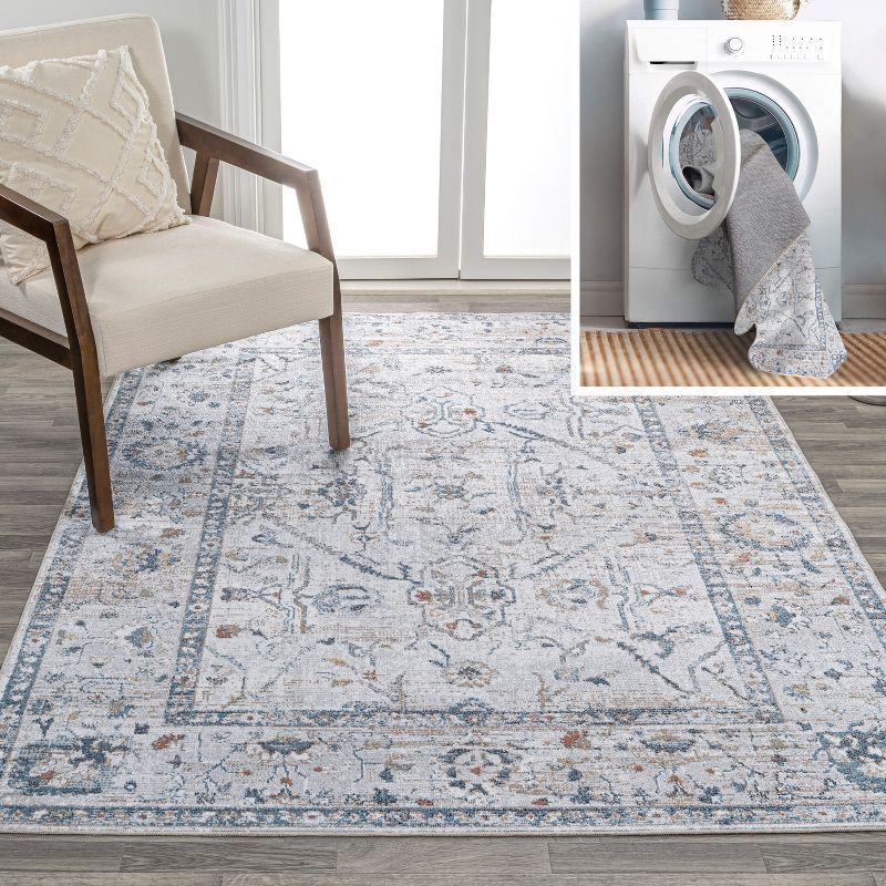 Light Gray and Blue Low-Pile Machine-Washable Rectangular Rug