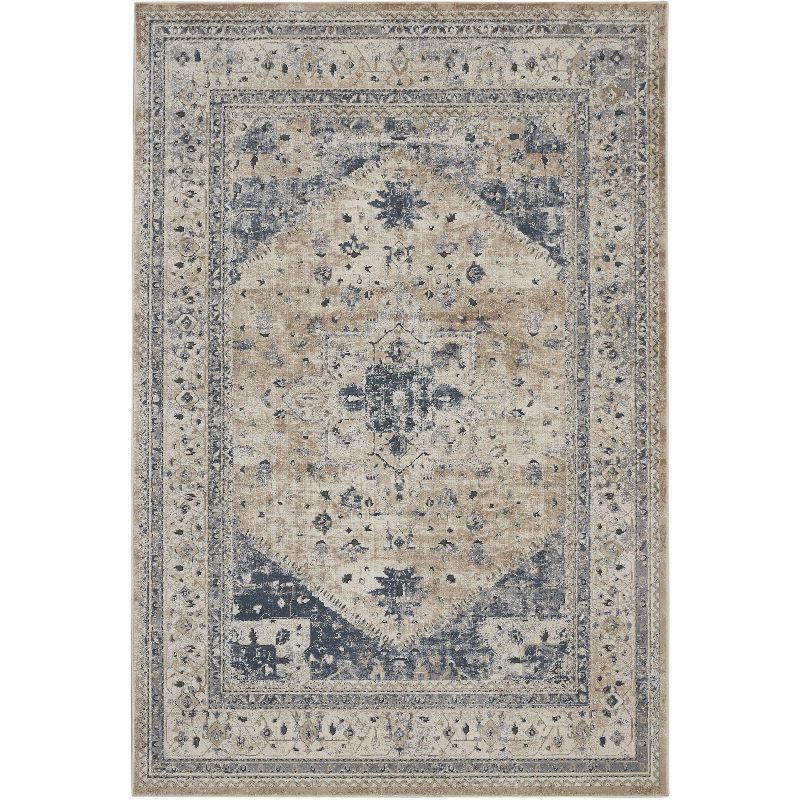 Ivory and Blue Geometric Floral Synthetic Area Rug