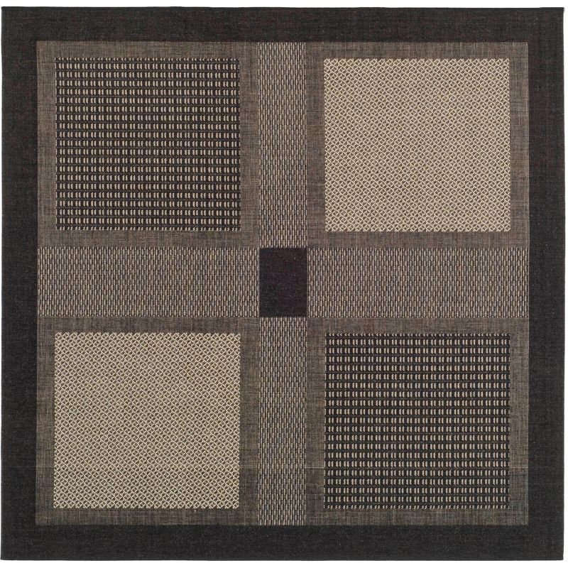 Black and Sand Geometric Synthetic Outdoor Area Rug, 6'-7" Square