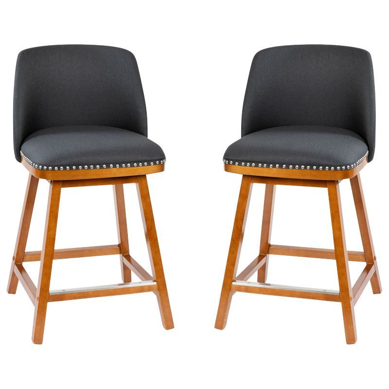 Set of 2 Charcoal Faux Linen Upholstered Counter Stools with Walnut Wood Frame