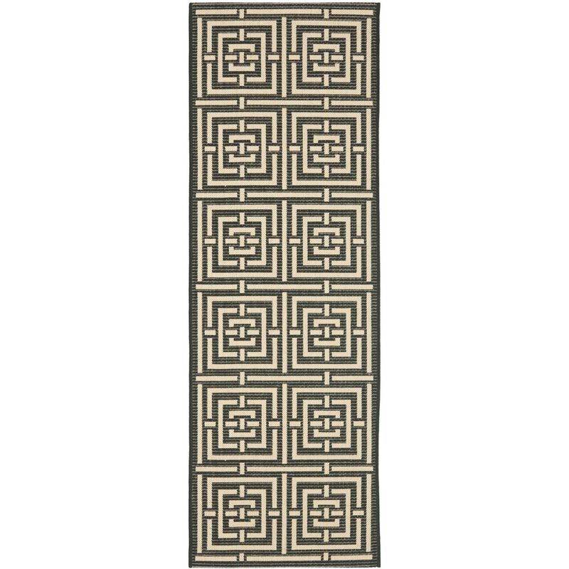 Black and Bone Geometric Synthetic Outdoor Runner Rug
