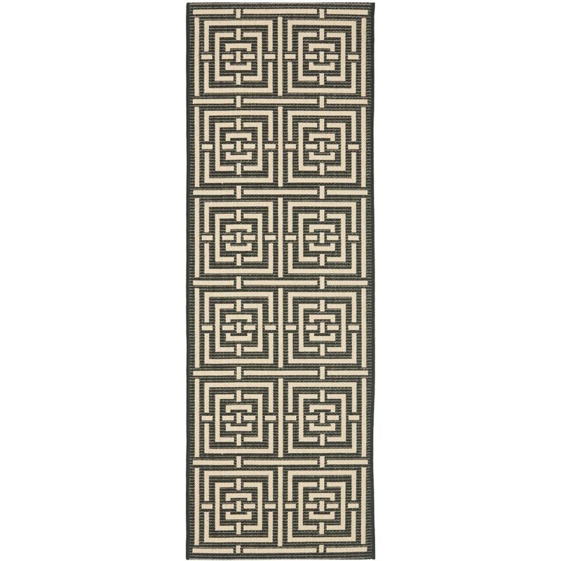 Black and Bone Geometric Synthetic Outdoor Runner Rug