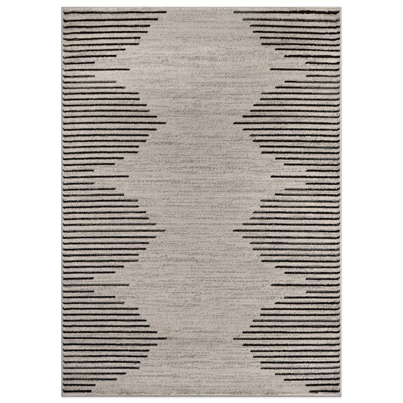 Cream and Black Geometric Stripe Synthetic Area Rug, 8' x 12'