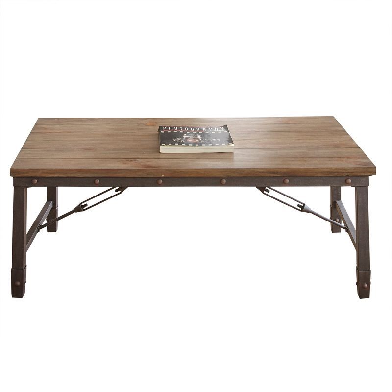 Riveted Antique Tobacco 48" Industrial Coffee Table with Plank-Effect Top