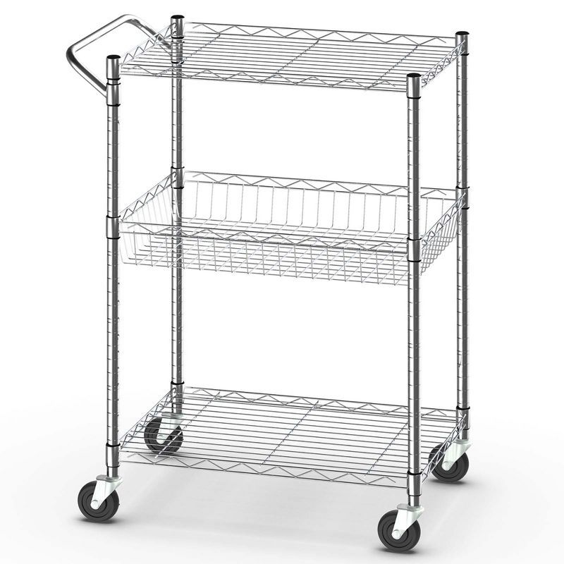 Silver 3-Tier Heavy Duty Steel Rolling Utility Cart