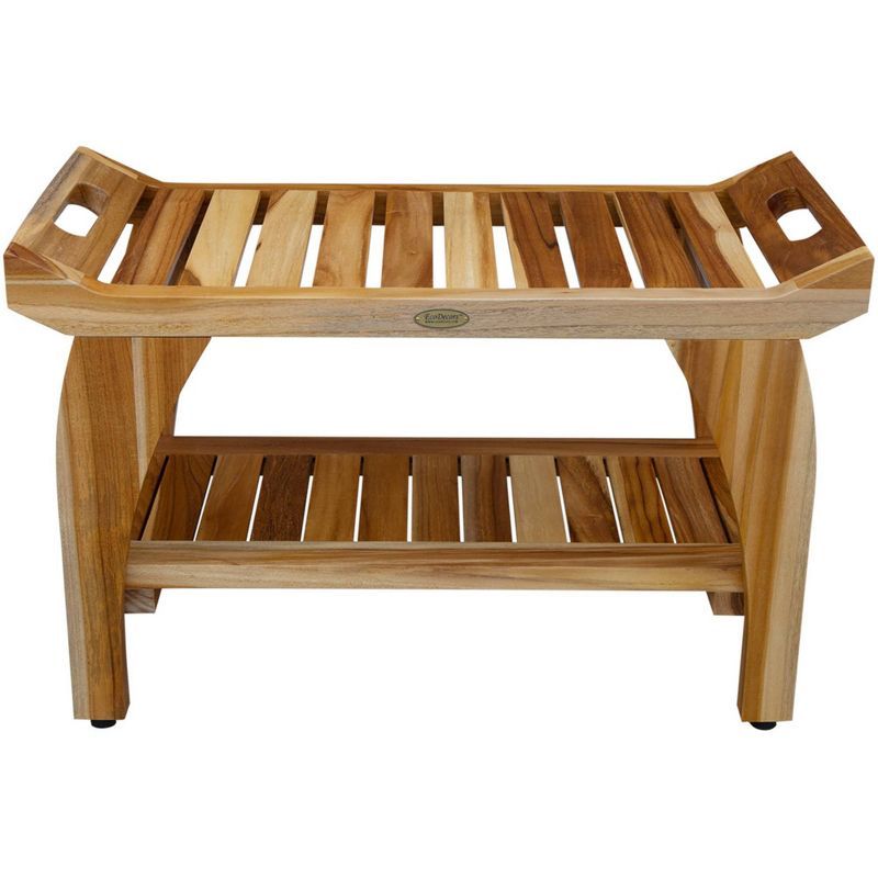 EcoDecors 32" Natural Teak Shower Bench with Handles and Shelf