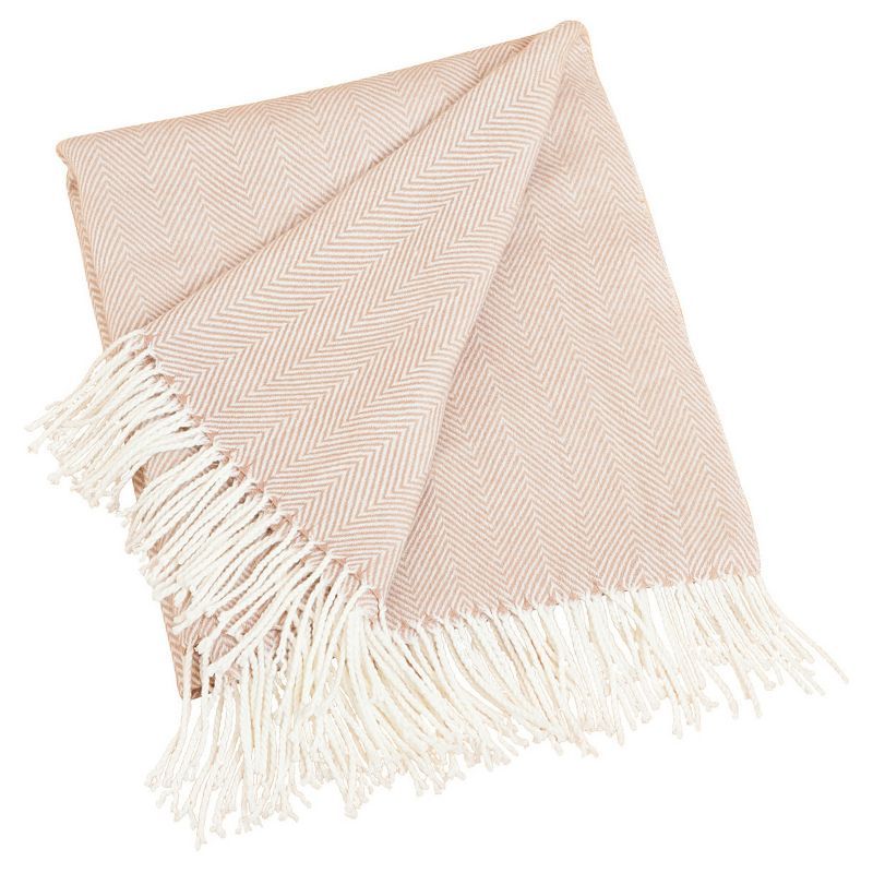 Elegant Herringbone Throw Blanket with Tassel Fringe - Camel 50"x60"