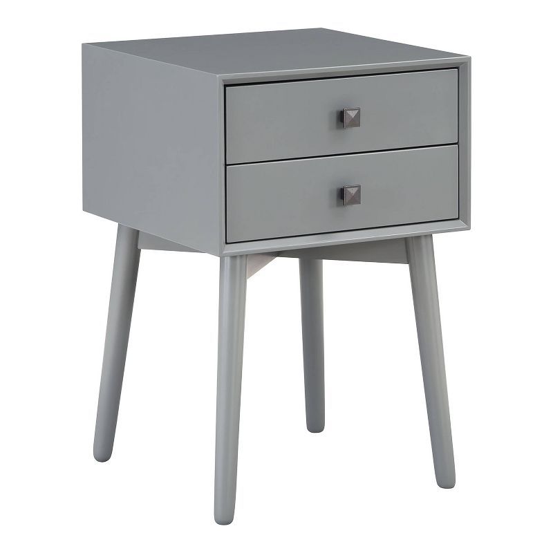 Gray Mid-Century Modern 2-Drawer Rubberwood Nightstand