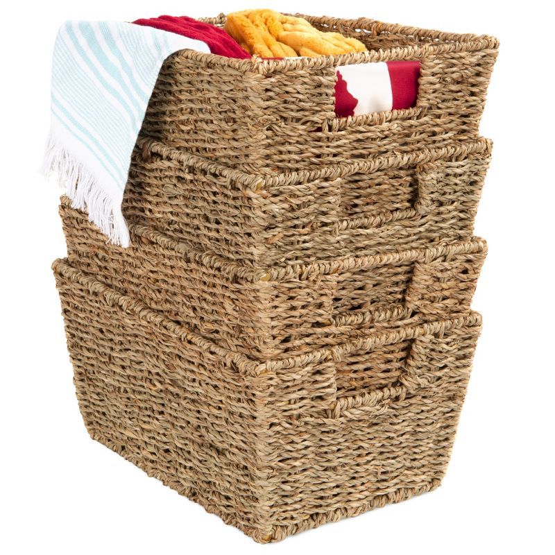 Natural Seagrass Rectangular Stackable Storage Baskets with Handles