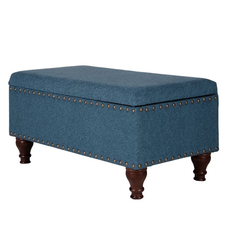 Elegant Nailhead Trim Storage Ottoman Bench in Linen-Blue