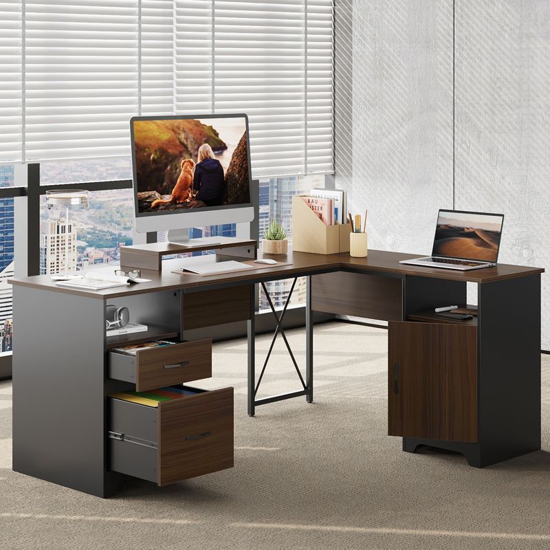 Cherry Wood L-Shaped Gaming Desk with Drawers and Keyboard Tray