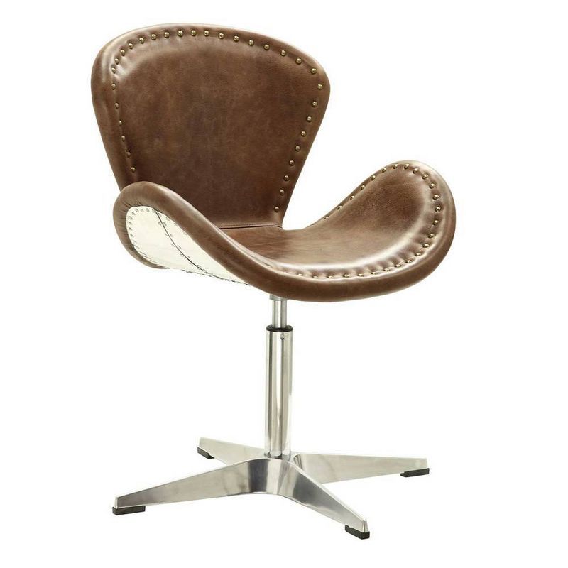 Brancaster Retro Brown Leather Swivel Accent Chair with Metal Base