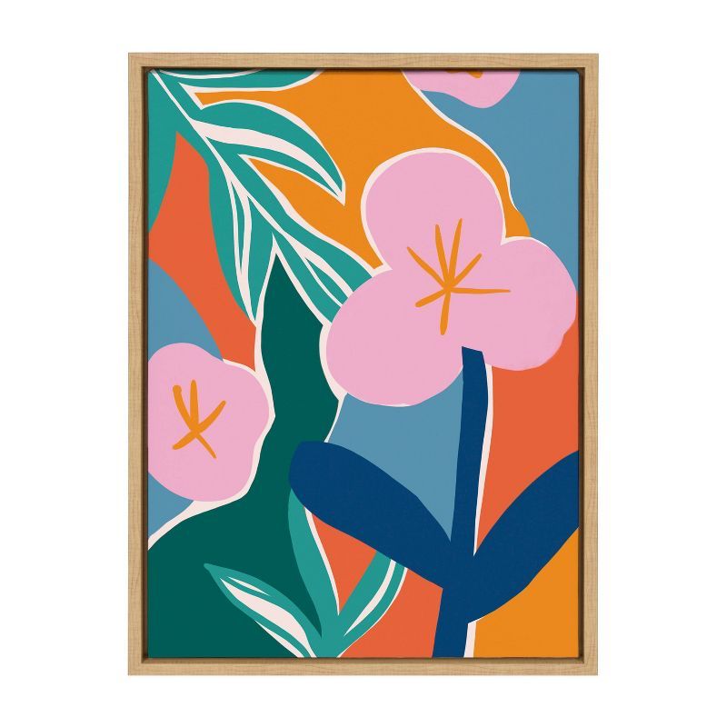 Colorful Abstract Floral Canvas Wall Art with Natural Frame