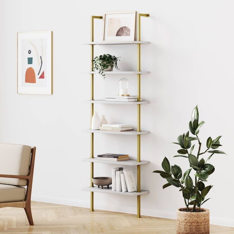 Eloise White and Gold 6-Tier Wood Ladder Bookshelf