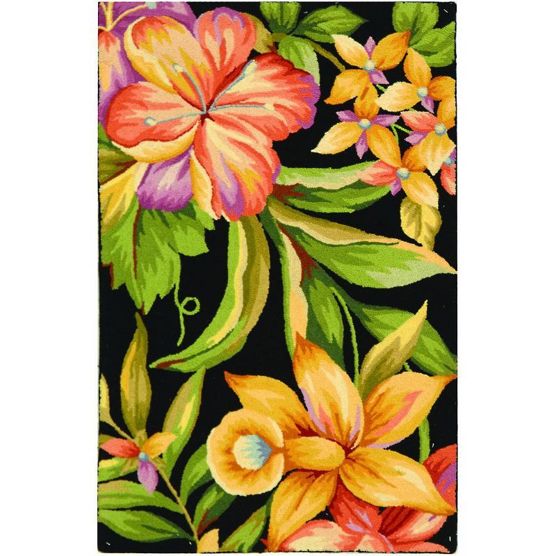 Black Floral Hand-Hooked Wool Area Rug, 12' x 15'