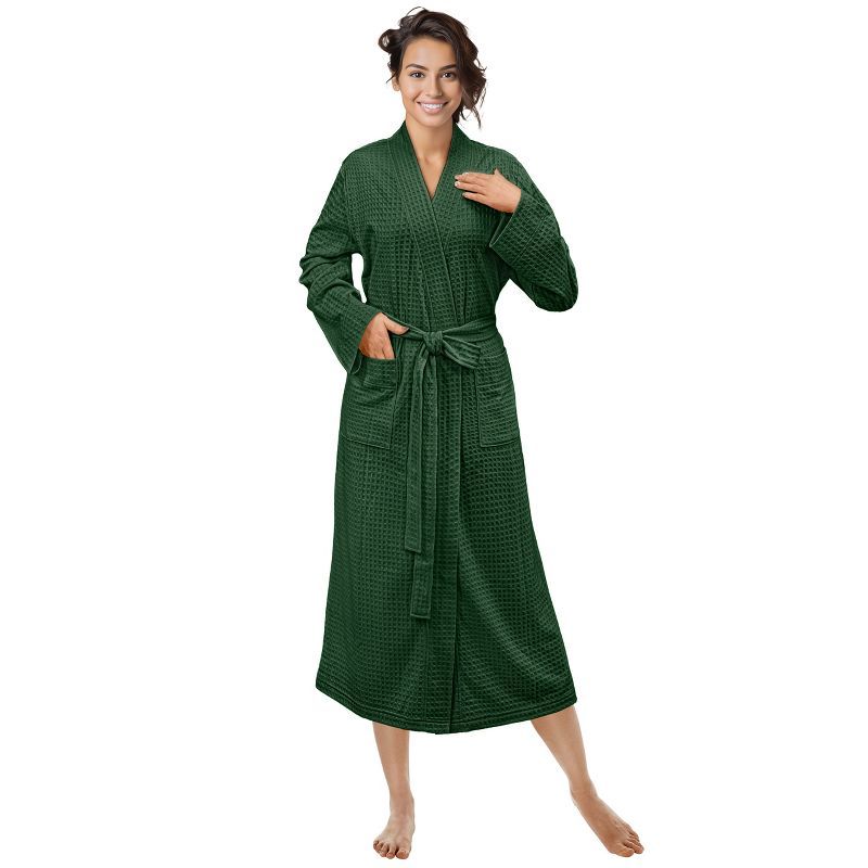 Emerald Green Waffle Knit Cotton Blend Long Bathrobe