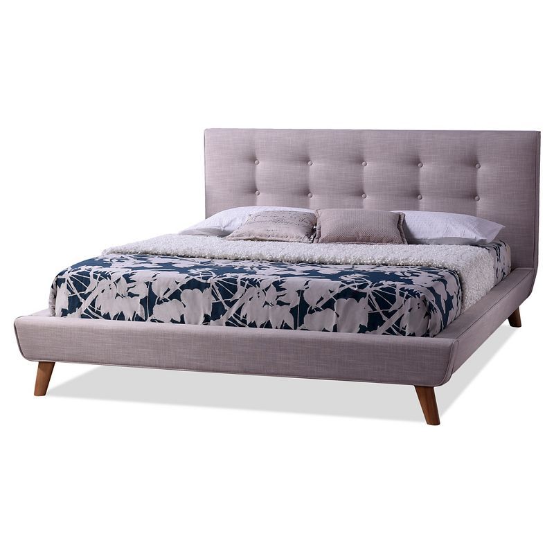 Scandinavian Mid-Century King Platform Bed in Beige Linen