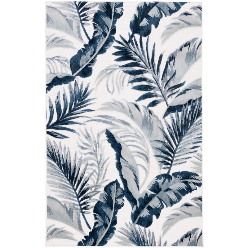 Ivory and Navy Floral Synthetic Indoor/Outdoor Rug