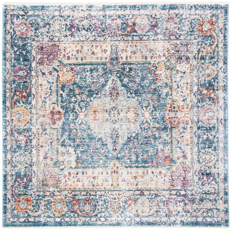 Teal and Cream Square Hand-Knotted Wool Area Rug