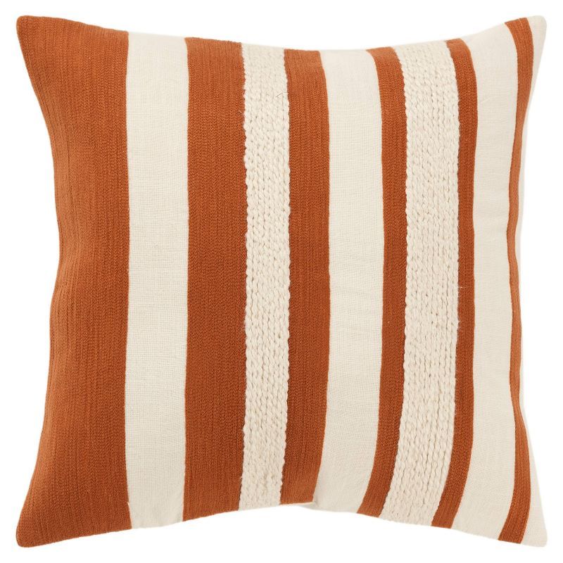 Rust and Natural Embroidered Stripe Square Throw Pillow